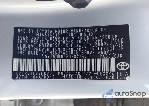 2018 Toyota Corolla Se from USA, damaged, VIN 5YFBURHE6JP827476